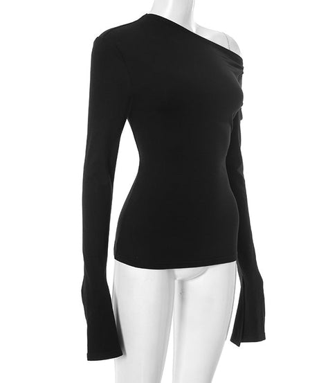 Elevated Fall Style: Chic Asymmetric One-Shoulder Long Sleeve Top with Split Cuffs