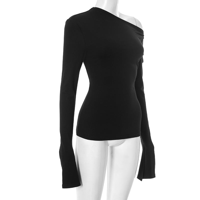 Elevated Fall Style: Chic Asymmetric One-Shoulder Long Sleeve Top with Split Cuffs