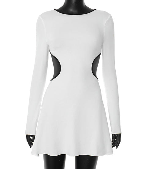 Statement Chic: White Long Sleeve Cutout Mini Dress with Contrast Trim | Fall & Holiday Party Ready