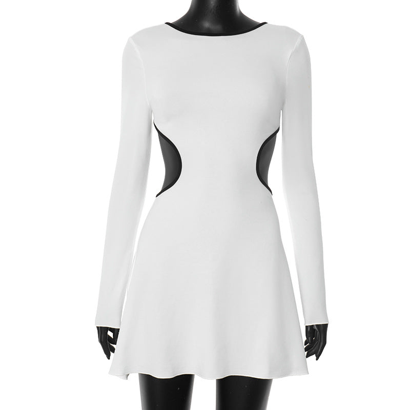 Statement Chic: White Long Sleeve Cutout Mini Dress with Contrast Trim | Fall & Holiday Party Ready