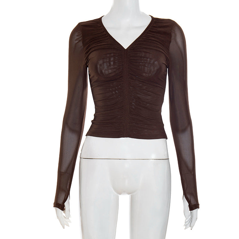 Sultry Espresso Mesh Ruched V-Neck Long Sleeve Top - Fall's Must-Have Layer