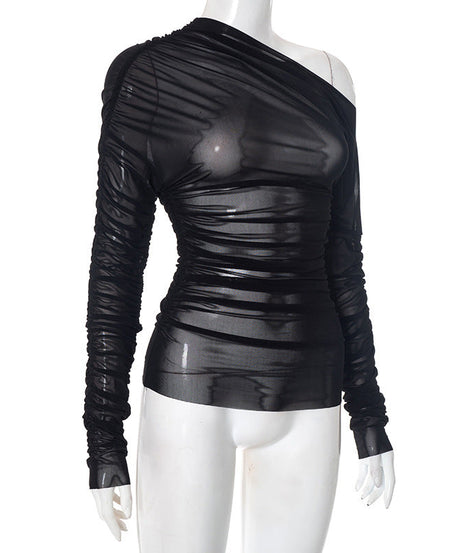 Black Mesh One-Shoulder Ruched Top | Sultry Fall & Holiday Party Style