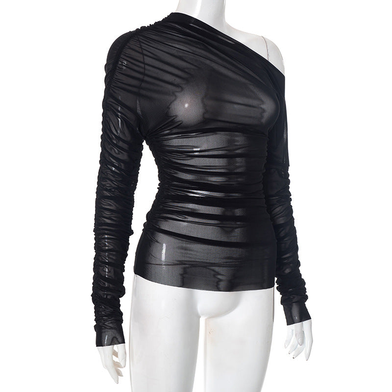 Black Mesh One-Shoulder Ruched Top | Sultry Fall & Holiday Party Style