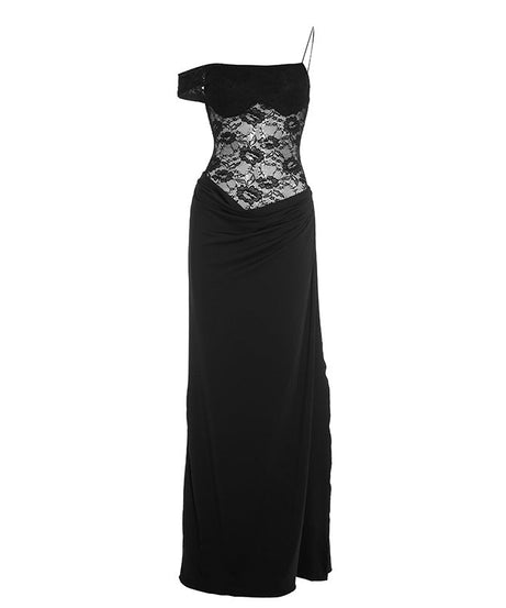 Fall & Holiday Glam: Espresso Lace Asymmetric Maxi Dress | One-Shoulder Evening Gown