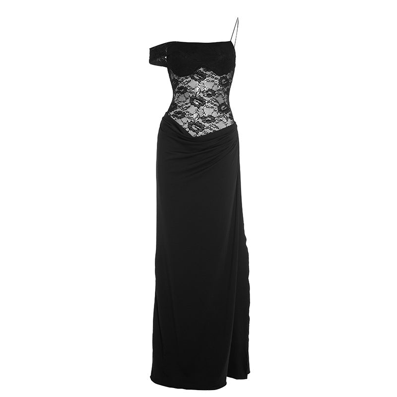 Fall & Holiday Glam: Espresso Lace Asymmetric Maxi Dress | One-Shoulder Evening Gown