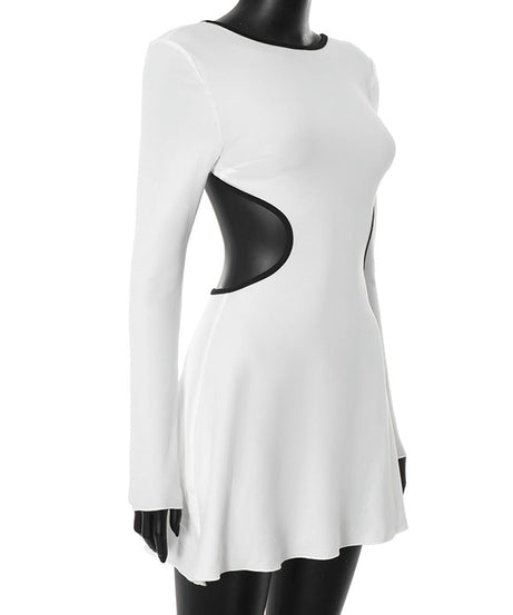 Statement Chic: White Long Sleeve Cutout Mini Dress with Contrast Trim | Fall & Holiday Party Ready
