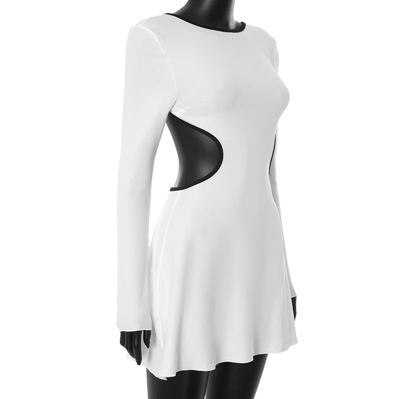 Statement Chic: White Long Sleeve Cutout Mini Dress with Contrast Trim | Fall & Holiday Party Ready