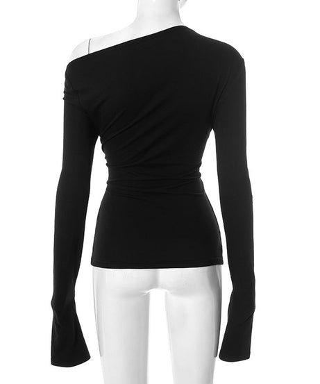 Elevated Fall Style: Chic Asymmetric One-Shoulder Long Sleeve Top with Split Cuffs