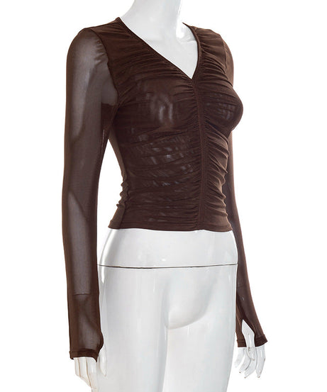 Sultry Espresso Mesh Ruched V-Neck Long Sleeve Top - Fall's Must-Have Layer