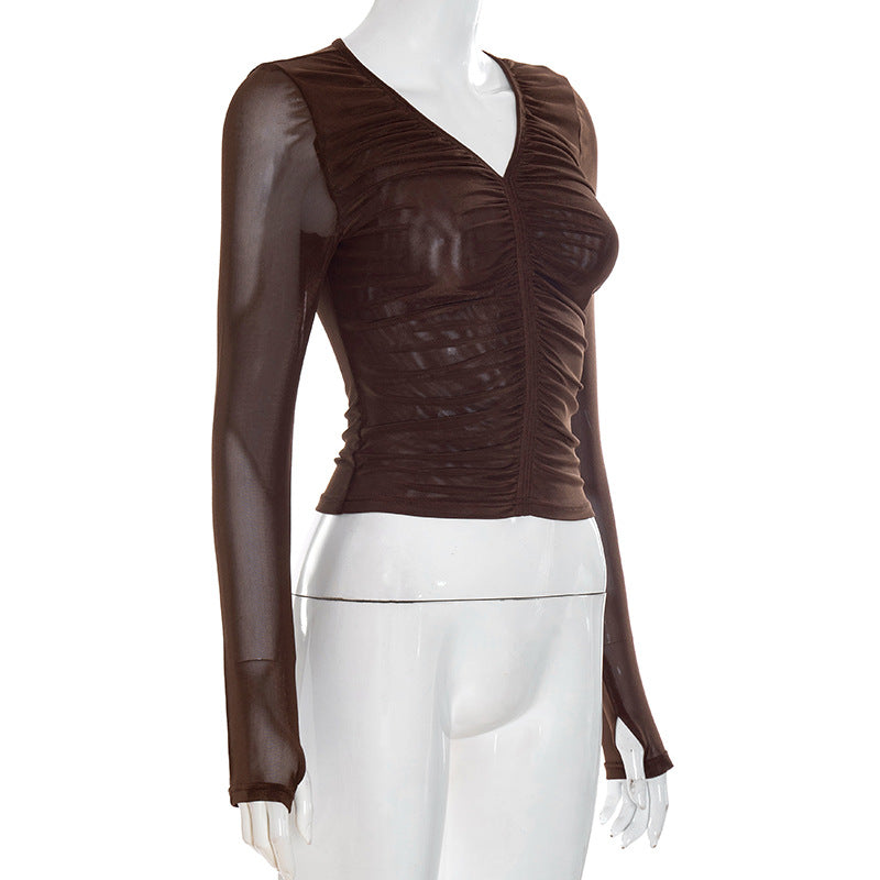 Sultry Espresso Mesh Ruched V-Neck Long Sleeve Top - Fall's Must-Have Layer