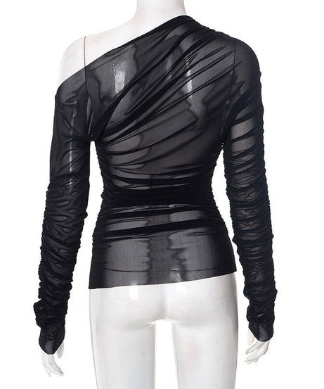 Black Mesh One-Shoulder Ruched Top | Sultry Fall & Holiday Party Style