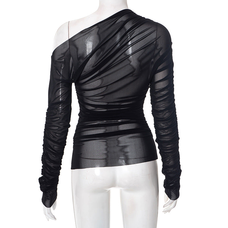 Black Mesh One-Shoulder Ruched Top | Sultry Fall & Holiday Party Style
