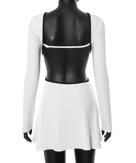 Statement Chic: White Long Sleeve Cutout Mini Dress with Contrast Trim | Fall & Holiday Party Ready