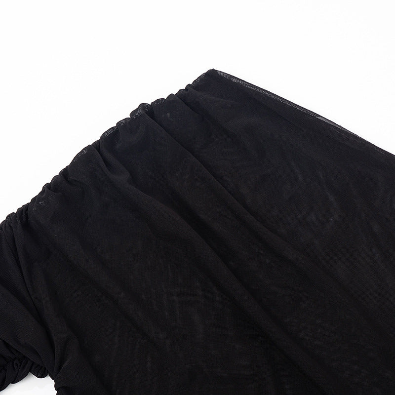 Black Mesh One-Shoulder Ruched Top | Sultry Fall & Holiday Party Style