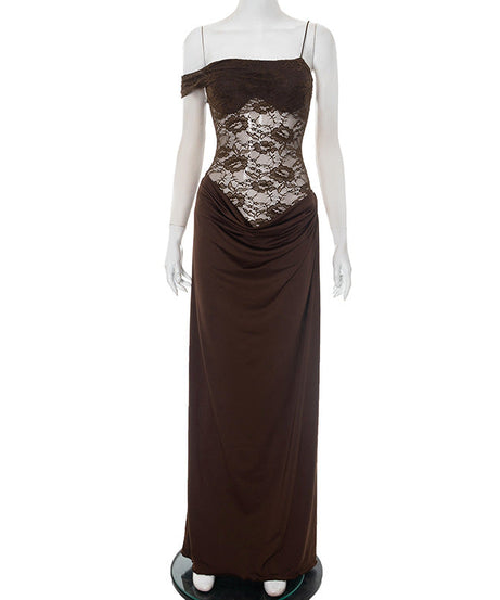 Fall & Holiday Glam: Espresso Lace Asymmetric Maxi Dress | One-Shoulder Evening Gown