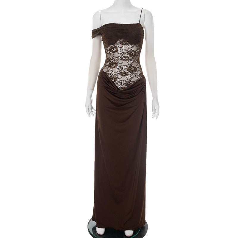 Fall & Holiday Glam: Espresso Lace Asymmetric Maxi Dress | One-Shoulder Evening Gown