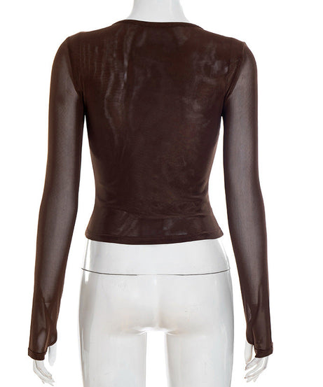 Sultry Espresso Mesh Ruched V-Neck Long Sleeve Top - Fall's Must-Have Layer