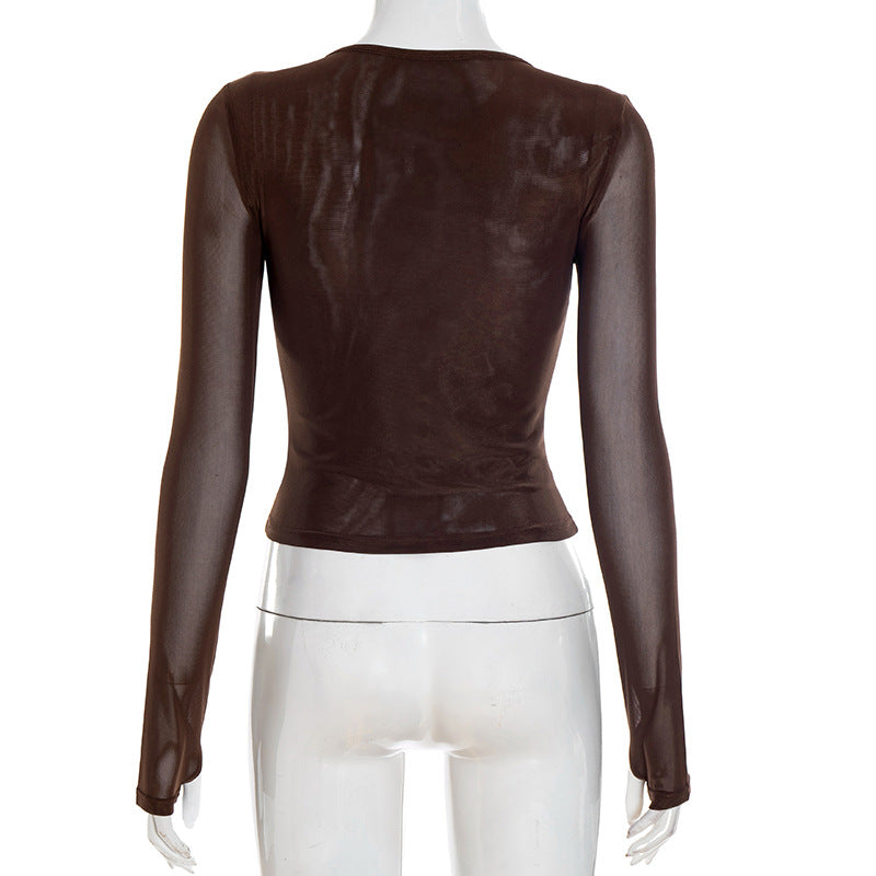 Sultry Espresso Mesh Ruched V-Neck Long Sleeve Top - Fall's Must-Have Layer