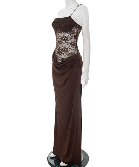 Fall & Holiday Glam: Espresso Lace Asymmetric Maxi Dress | One-Shoulder Evening Gown