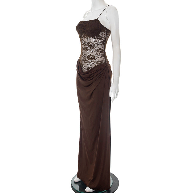 Fall & Holiday Glam: Espresso Lace Asymmetric Maxi Dress | One-Shoulder Evening Gown