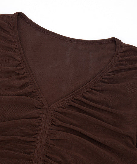 Sultry Espresso Mesh Ruched V-Neck Long Sleeve Top - Fall's Must-Have Layer