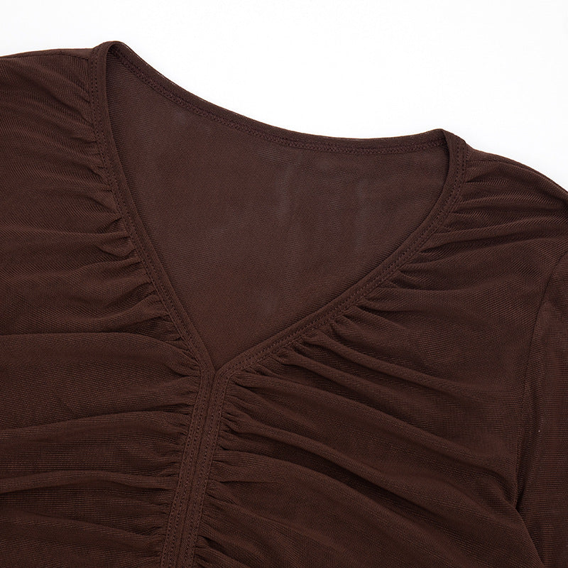 Sultry Espresso Mesh Ruched V-Neck Long Sleeve Top - Fall's Must-Have Layer
