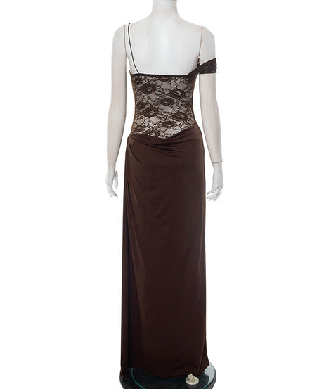 Fall & Holiday Glam: Espresso Lace Asymmetric Maxi Dress | One-Shoulder Evening Gown