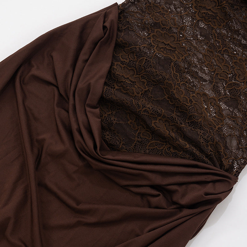 Fall & Holiday Glam: Espresso Lace Asymmetric Maxi Dress | One-Shoulder Evening Gown