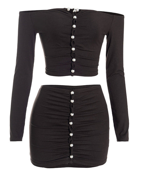 Chic Off-Shoulder Pearl Ruched Two-Piece Set: Long Sleeve Crop Top & Bodycon Mini Skirt - Fall 2025 Edition