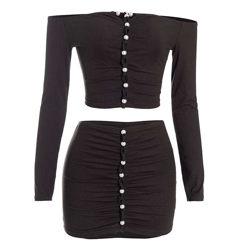 Chic Off-Shoulder Pearl Ruched Two-Piece Set: Long Sleeve Crop Top & Bodycon Mini Skirt - Fall 2025 Edition