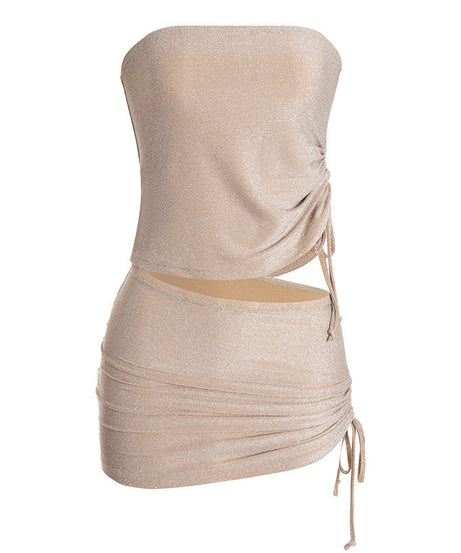 Dazzling Shimmer Cutout Mini Skirt Set – Strapless Tube Top & Ruched Bodycon Skirt for Fall Parties & Night Outs