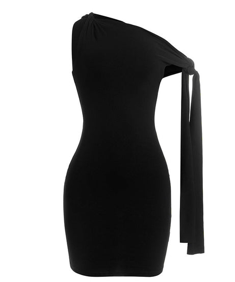 Sleek Black One-Shoulder Tie Mini Dress - Your Go-To Bodycon for Fall Parties & Date Nights