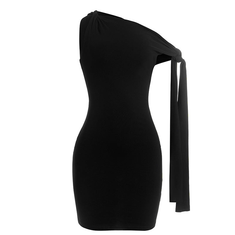 Sleek Black One-Shoulder Tie Mini Dress - Your Go-To Bodycon for Fall Parties & Date Nights