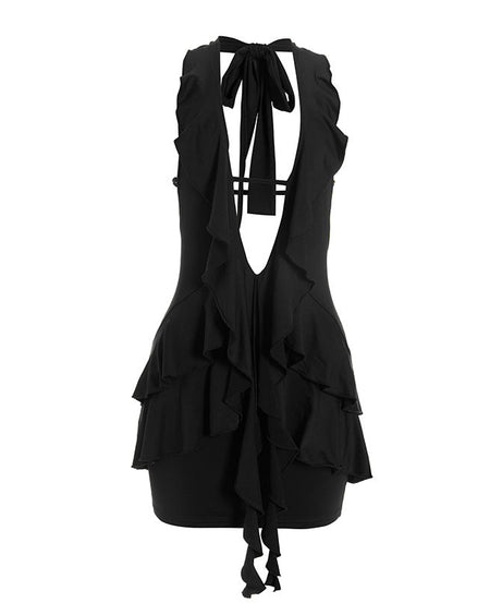 The Sassy LBD: Halter Ruffle Deep V Mini Dress for Fall Nights & Holiday Parties