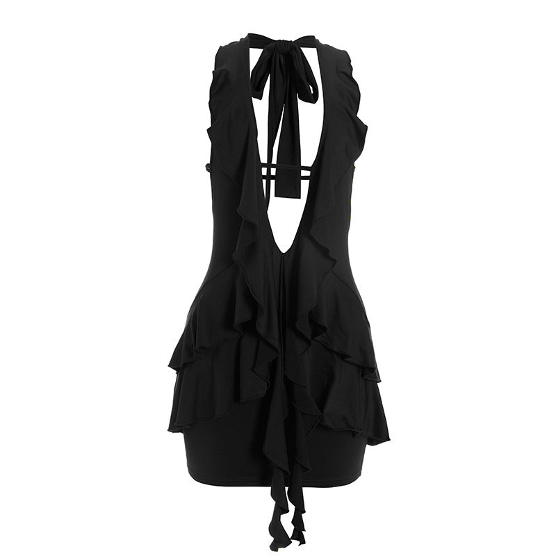 The Sassy LBD: Halter Ruffle Deep V Mini Dress for Fall Nights & Holiday Parties