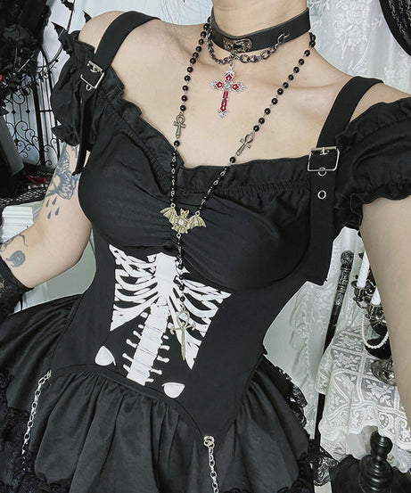 Spooky Season Siren: Gothic Skeleton Ribcage Mini Dress with Buckle Straps & Off-Shoulder Puffs