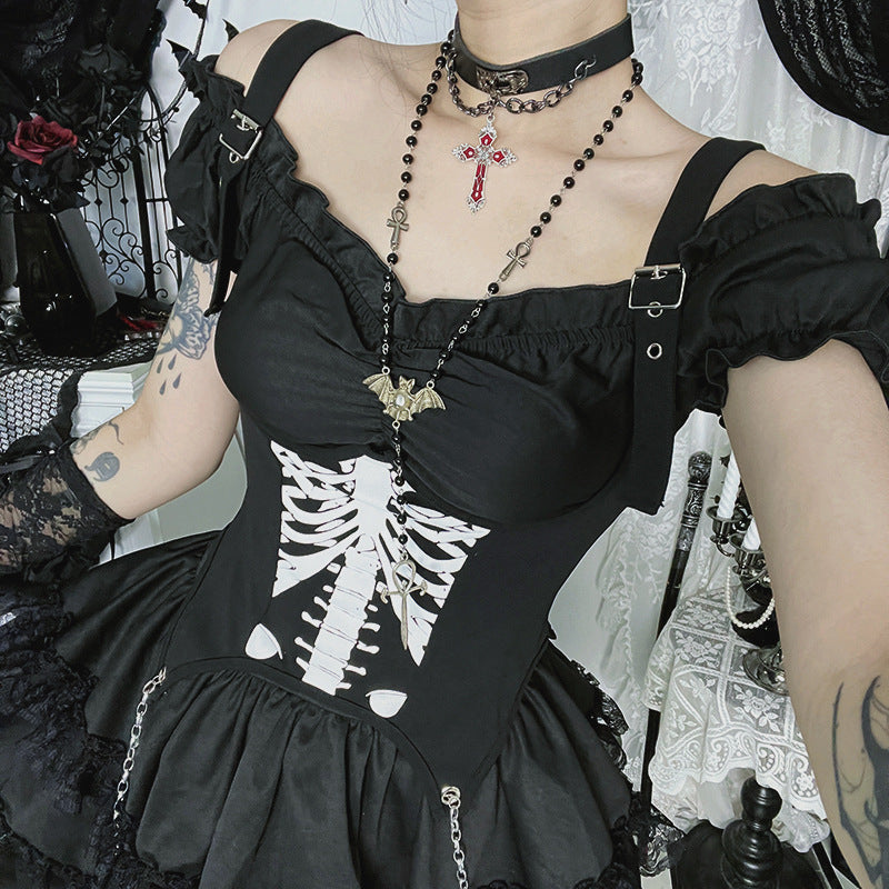 Spooky Season Siren: Gothic Skeleton Ribcage Mini Dress with Buckle Straps & Off-Shoulder Puffs