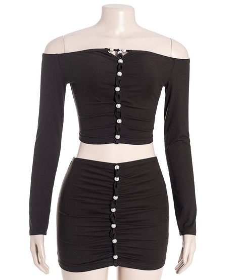 Chic Off-Shoulder Pearl Ruched Two-Piece Set: Long Sleeve Crop Top & Bodycon Mini Skirt - Fall 2025 Edition