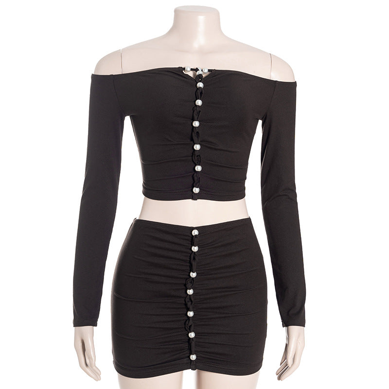 Chic Off-Shoulder Pearl Ruched Two-Piece Set: Long Sleeve Crop Top & Bodycon Mini Skirt - Fall 2025 Edition