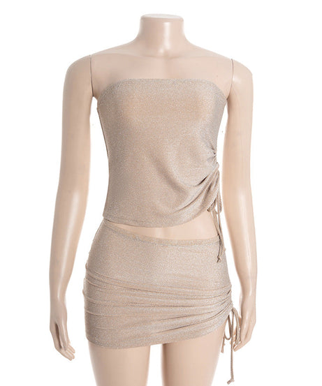 Dazzling Shimmer Cutout Mini Skirt Set – Strapless Tube Top & Ruched Bodycon Skirt for Fall Parties & Night Outs