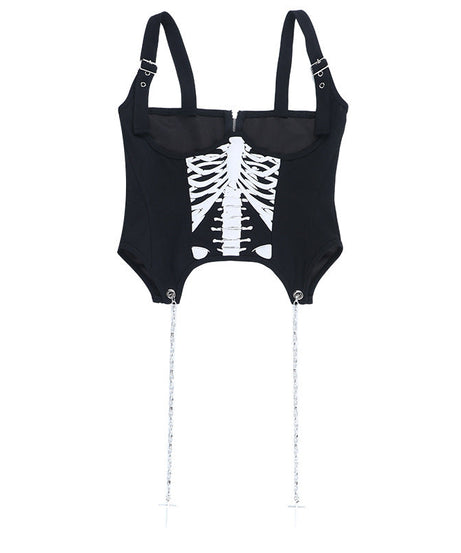 Spooky Season Siren: Gothic Skeleton Ribcage Mini Dress with Buckle Straps & Off-Shoulder Puffs