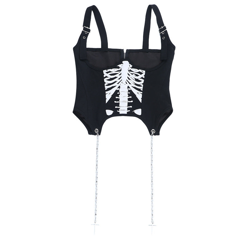Spooky Season Siren: Gothic Skeleton Ribcage Mini Dress with Buckle Straps & Off-Shoulder Puffs