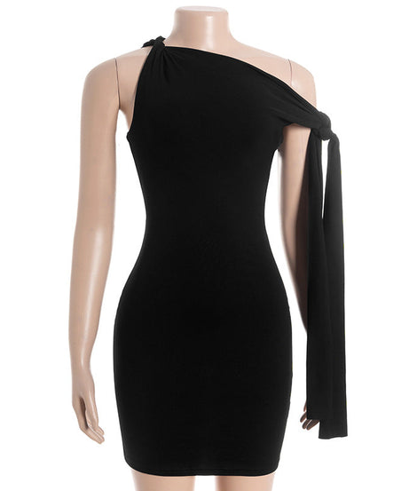 Sleek Black One-Shoulder Tie Mini Dress - Your Go-To Bodycon for Fall Parties & Date Nights
