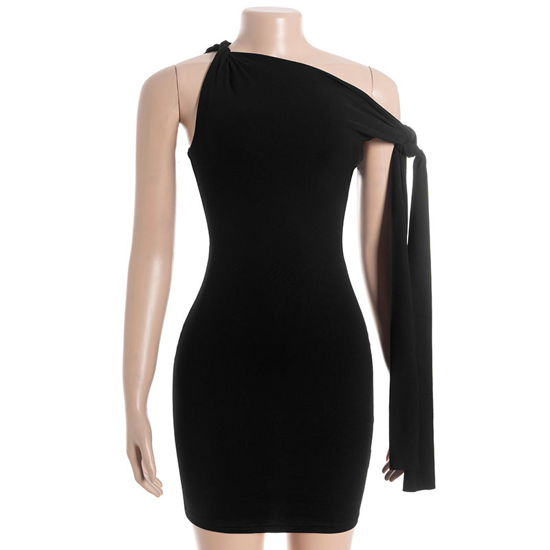 Sleek Black One-Shoulder Tie Mini Dress - Your Go-To Bodycon for Fall Parties & Date Nights
