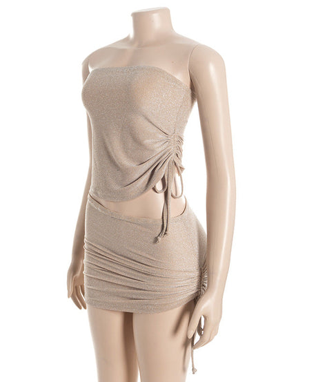 Dazzling Shimmer Cutout Mini Skirt Set – Strapless Tube Top & Ruched Bodycon Skirt for Fall Parties & Night Outs