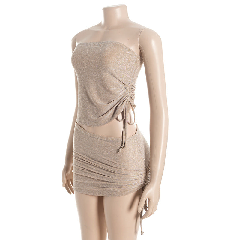 Dazzling Shimmer Cutout Mini Skirt Set – Strapless Tube Top & Ruched Bodycon Skirt for Fall Parties & Night Outs