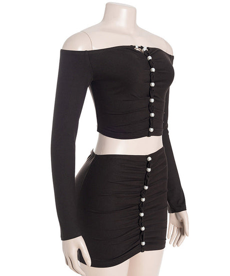 Chic Off-Shoulder Pearl Ruched Two-Piece Set: Long Sleeve Crop Top & Bodycon Mini Skirt - Fall 2025 Edition