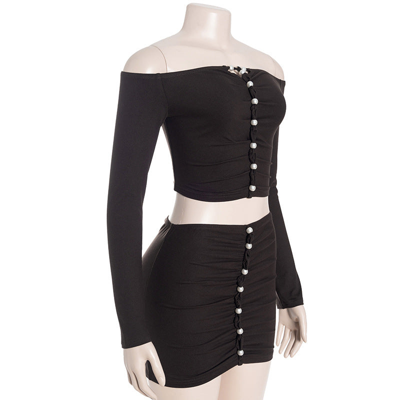 Chic Off-Shoulder Pearl Ruched Two-Piece Set: Long Sleeve Crop Top & Bodycon Mini Skirt - Fall 2025 Edition
