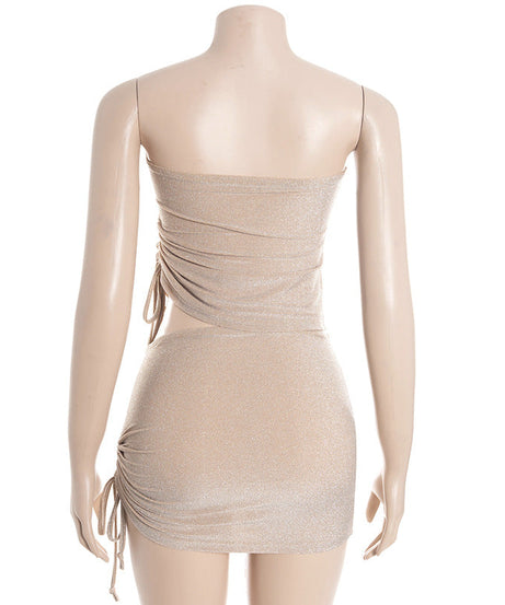 Dazzling Shimmer Cutout Mini Skirt Set – Strapless Tube Top & Ruched Bodycon Skirt for Fall Parties & Night Outs