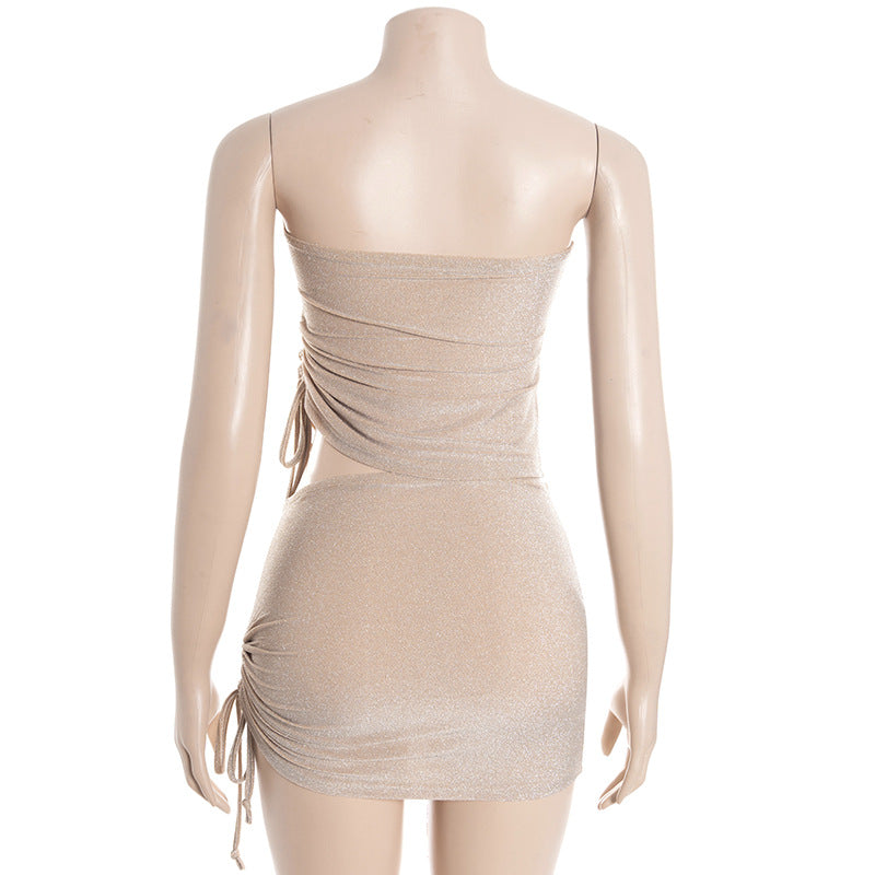 Dazzling Shimmer Cutout Mini Skirt Set – Strapless Tube Top & Ruched Bodycon Skirt for Fall Parties & Night Outs